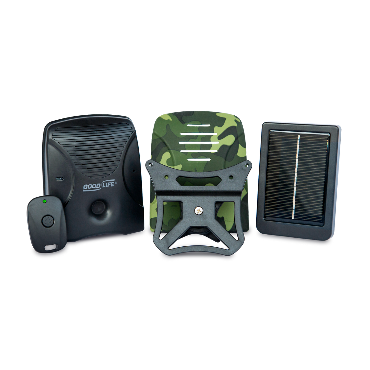 Solar Pack MAX with camouflage faceplate, remote, mounting bracket, and solar panel