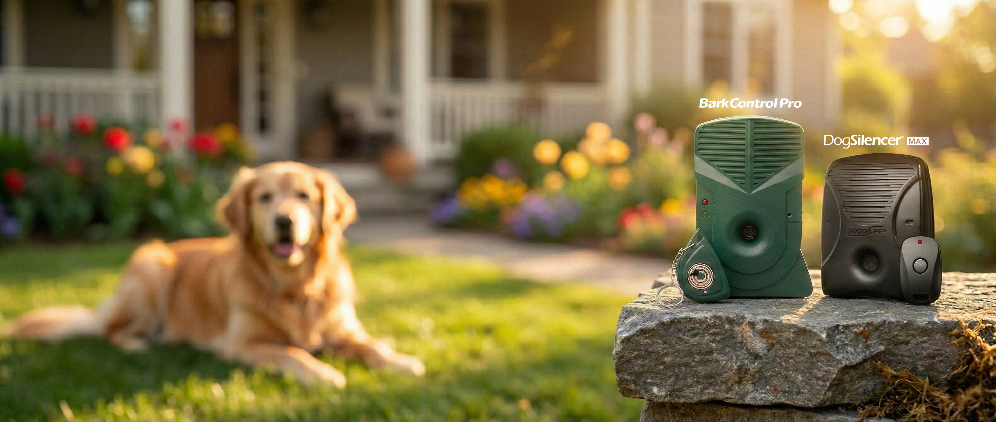Dog deterrent devices on a stone ledge with a dog lying in the grass.