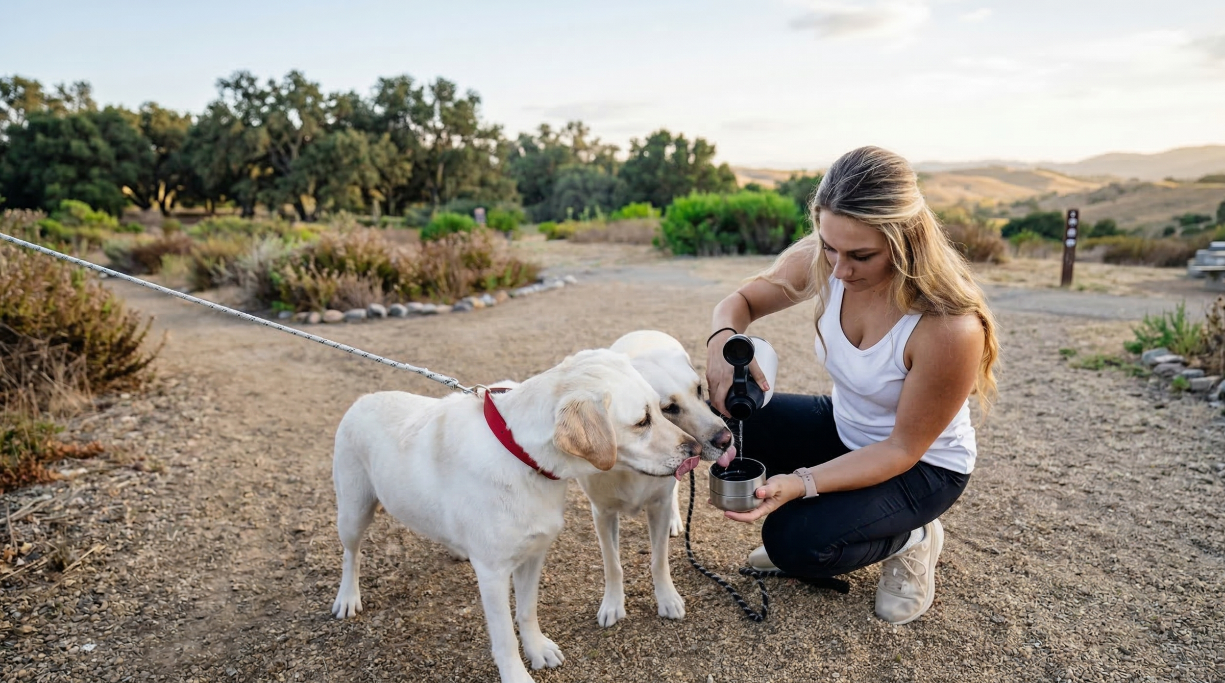 Woman with two dogs on a trail in a natural setting