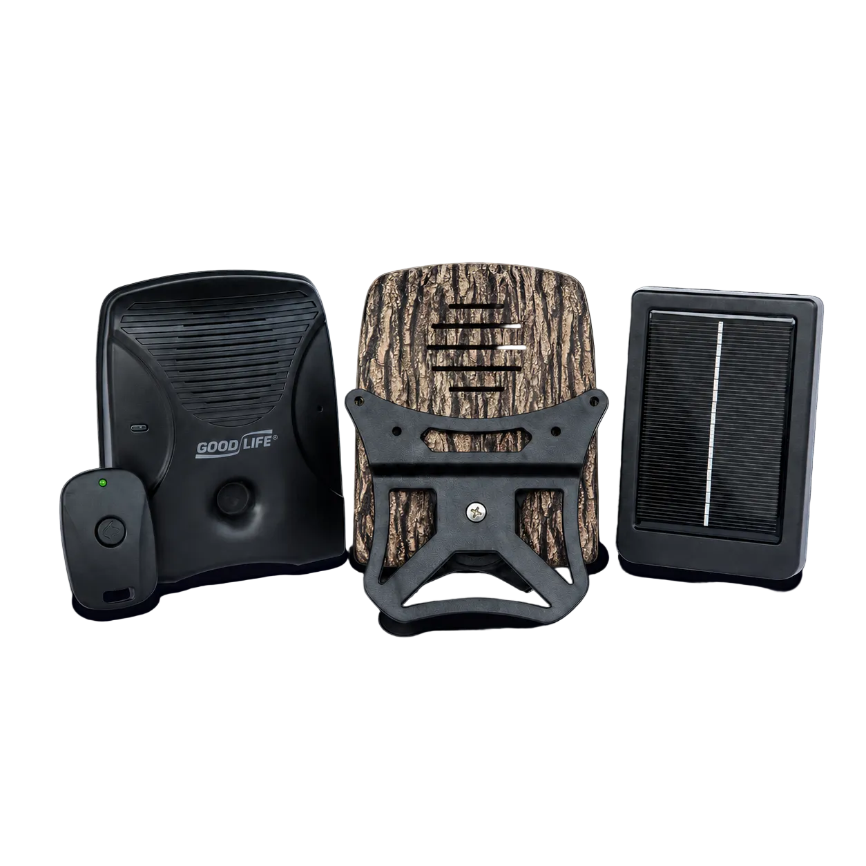 Solar Pack MAX with tree bark faceplate, remote, mounting bracket, and solar panel