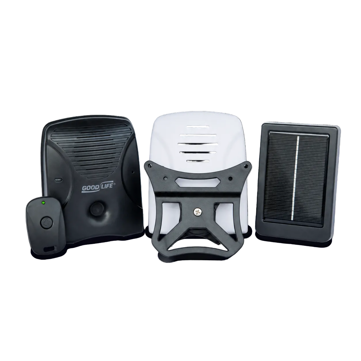 Solar Pack MAX with matte white faceplate, remote, mounting bracket, and solar panel