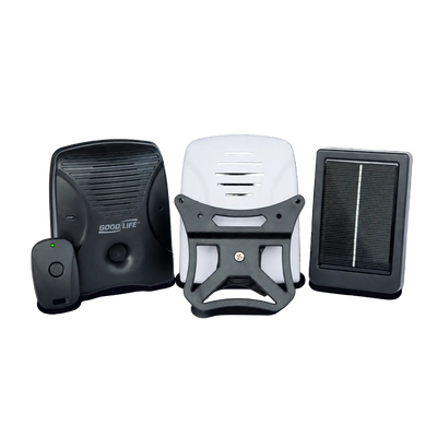 Solar Pack MAX with matte white faceplate, remote, mounting bracket, and solar panel