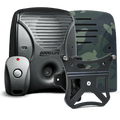 Discreet Neighbor Pack – MAX. Pictured: Dog Silencer® MAX with its included remote, a camouflage-pattern faceplate, and a wall mount