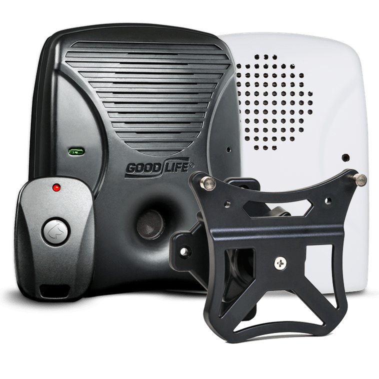 Discreet Neighbor Pack – MAX. Pictured: Dog Silencer® MAX with its included remote, a matte-white faceplate, and a wall mount