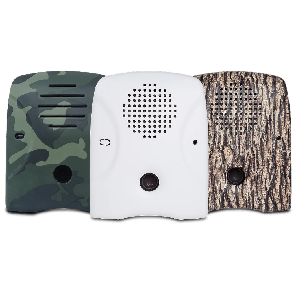 Dog Silencer's lineup of faceplates – tree-bark, camouflage, and matte-white (great for painting!)