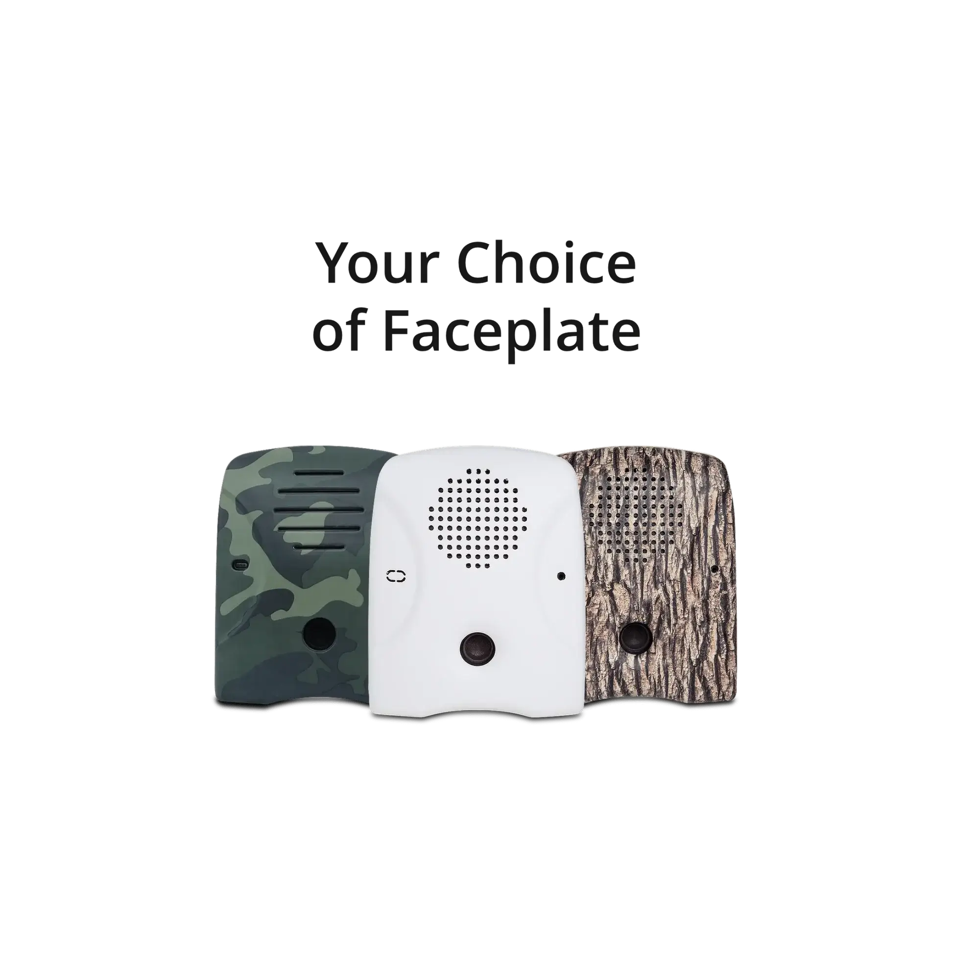 Dog Silencer® MAX's lineup of faceplates – tree-bark, camouflage, and matte-white (great for painting!)